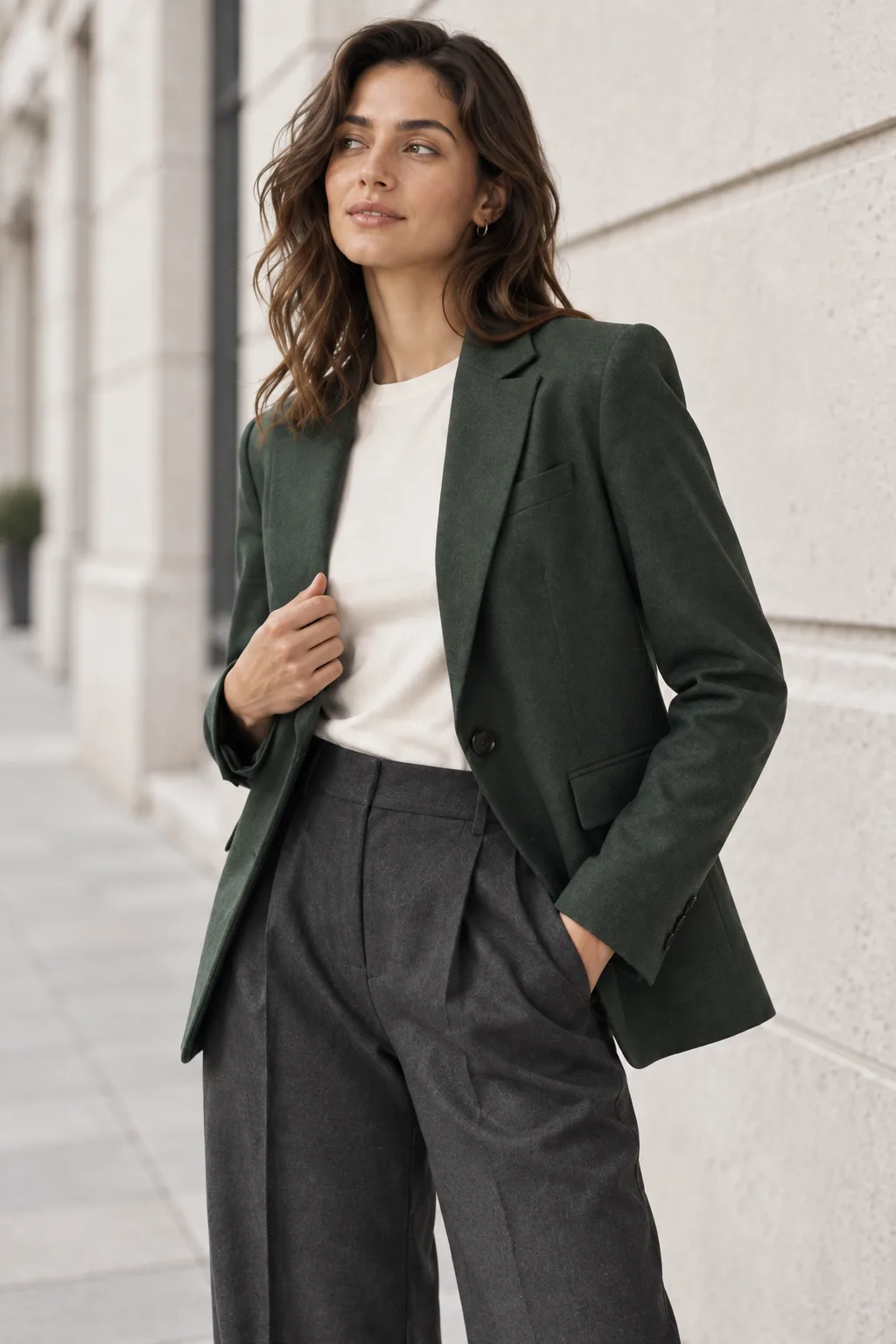 AI-generated waist-up editorial portrait of the same fictional adult model in a green blazer beside a pale city wall