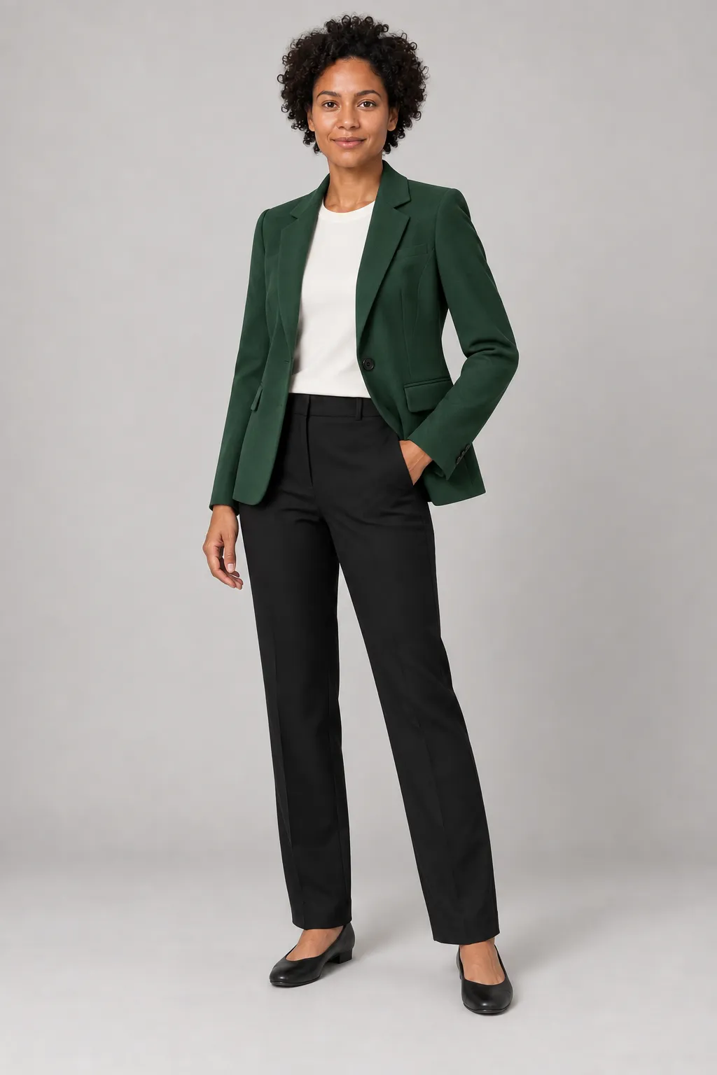 Synthetic concept illustration of a fictional adult model wearing a green blazer in a studio