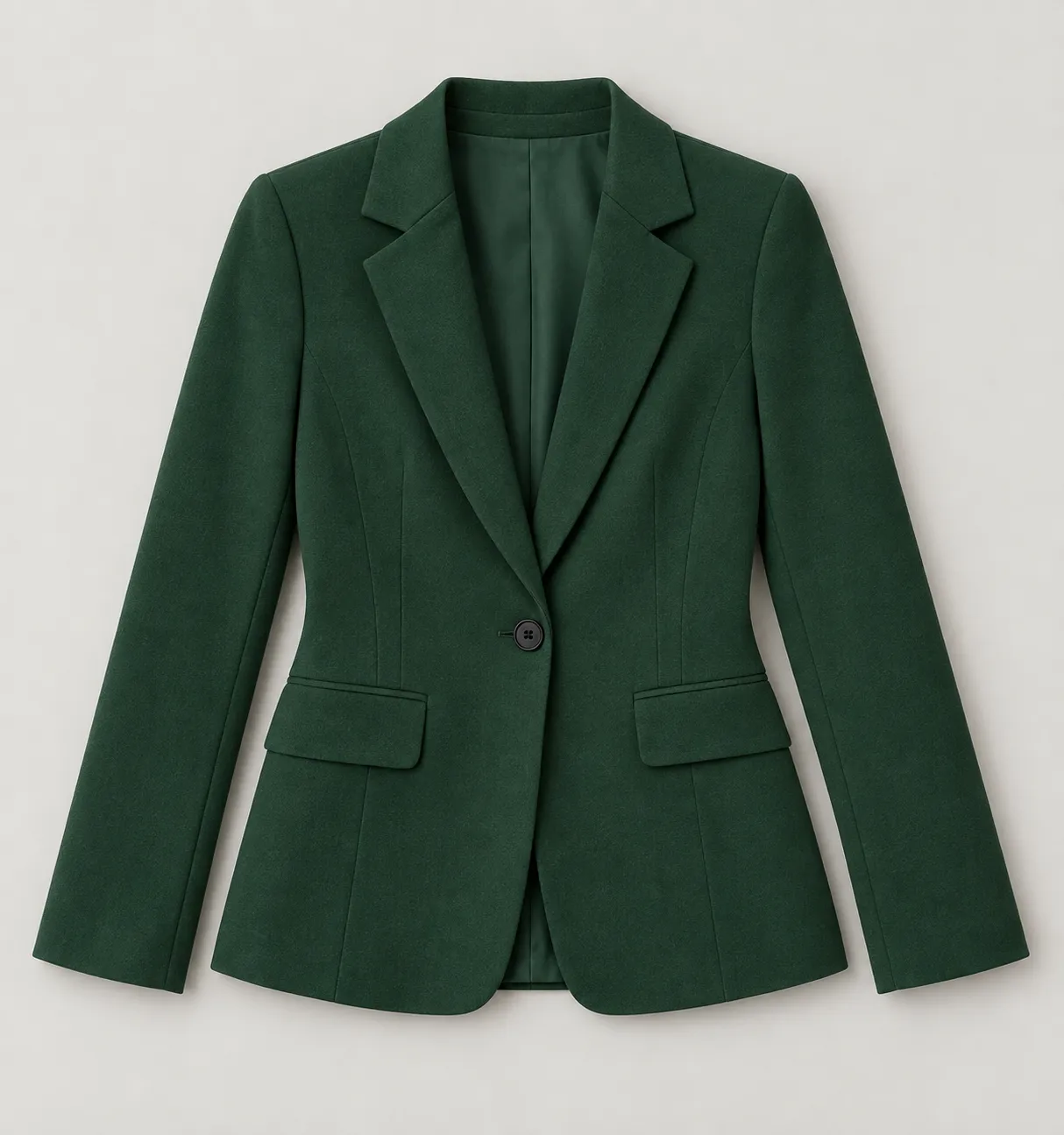 AI-generated flat-lay reference of a forest-green tailored blazer