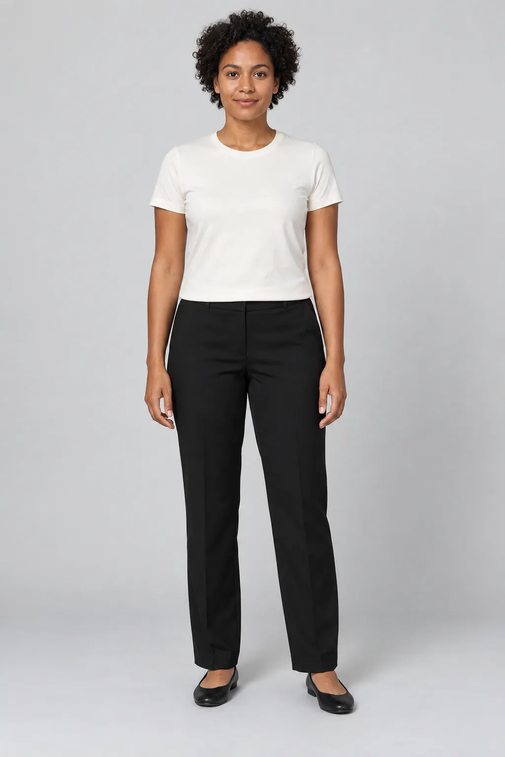 AI-generated adult model reference in a plain shirt and trousers
