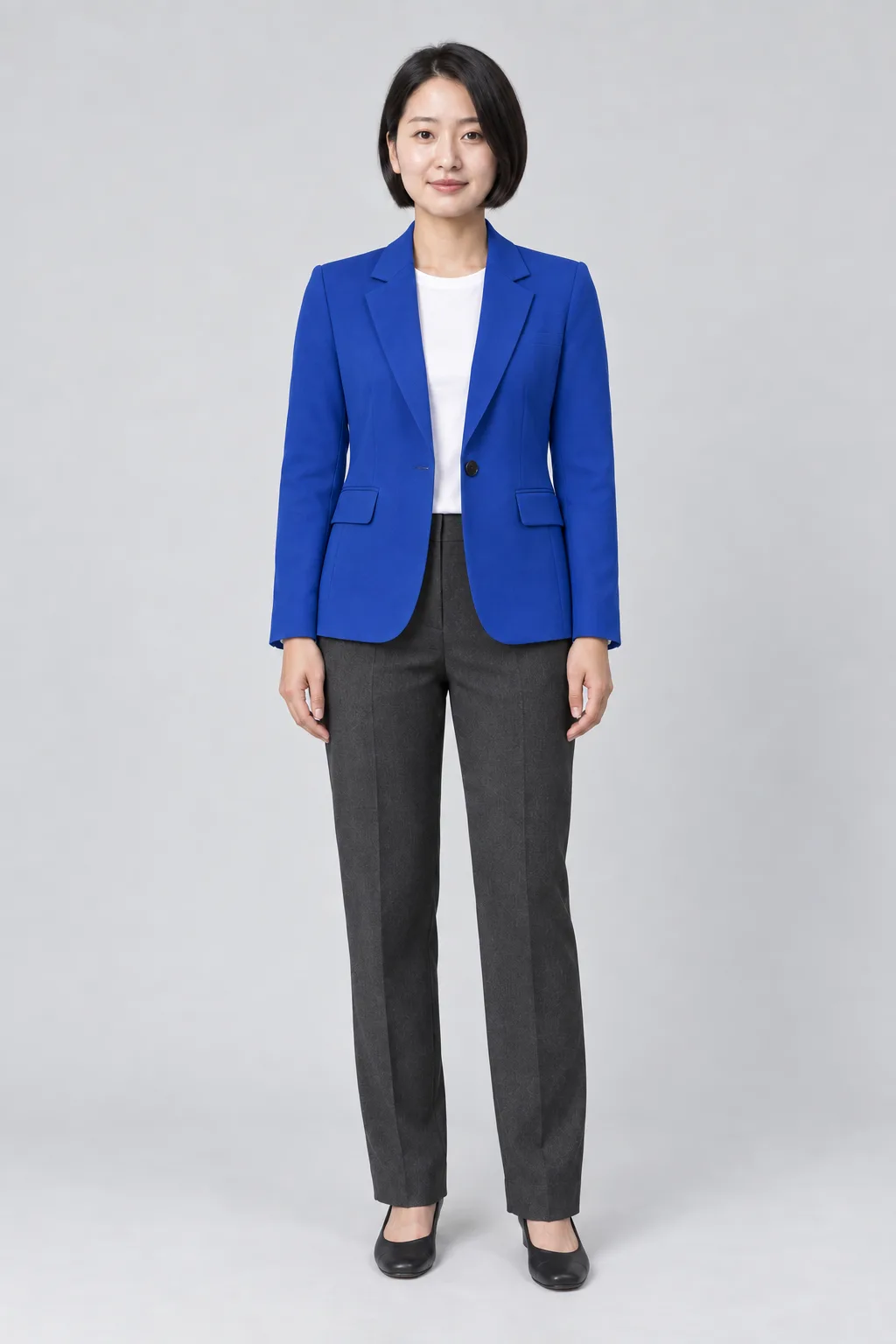 Concept illustration of the target adult person in a blue blazer, generated outside TryOnSwap