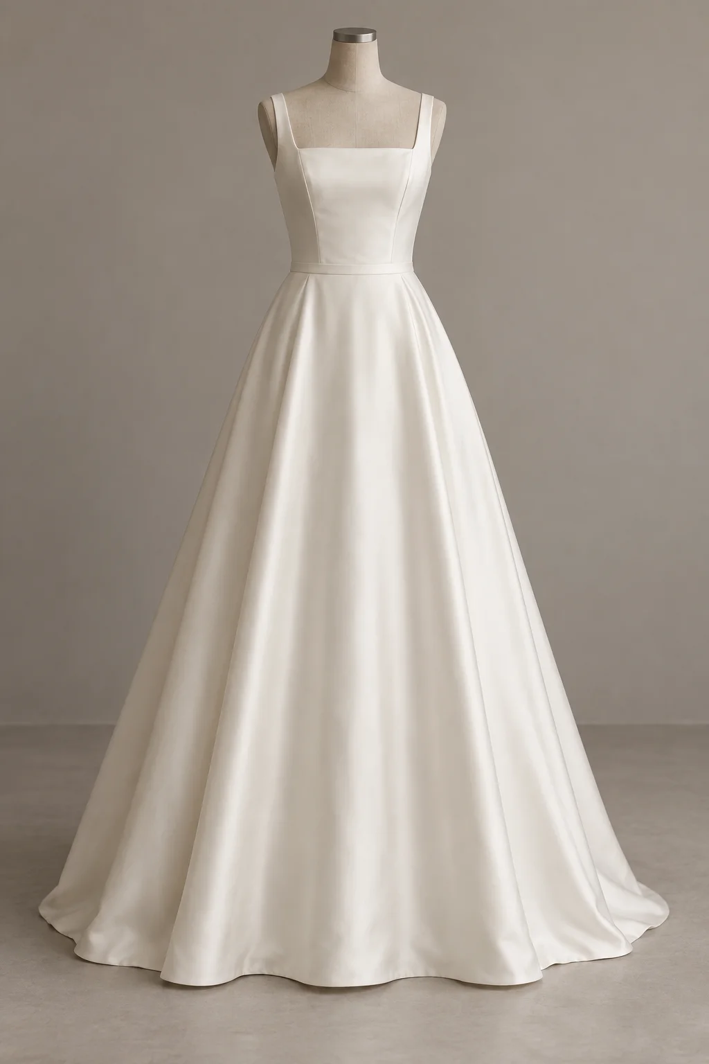 AI-generated front view of an ivory square-neck satin A-line wedding gown on a dress form
