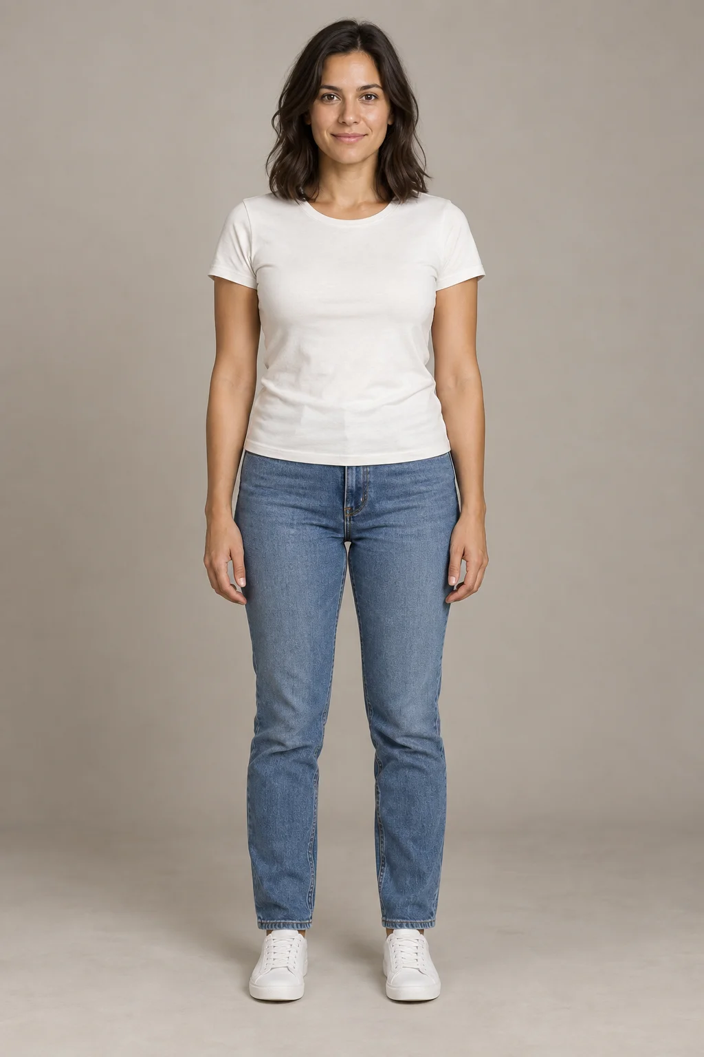AI-generated front-facing full-length adult person reference in a plain T-shirt and jeans
