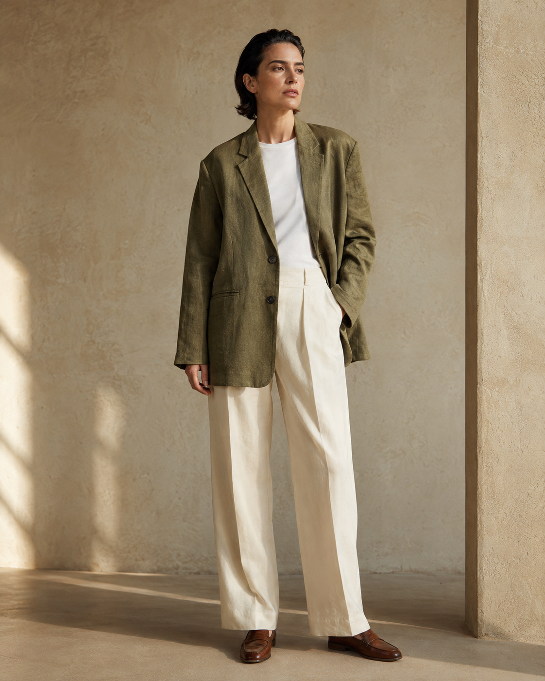Existing synthetic adult reference in an olive jacket and cream trousers, turned at an angle with one hand in a pocket.
